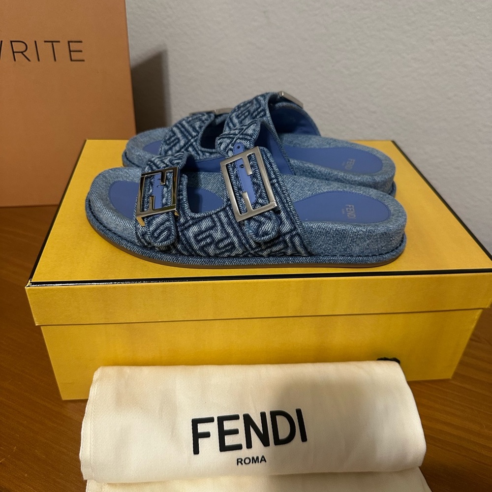 Fendi Blue Denim Logo Double Buckle Slide Sandals